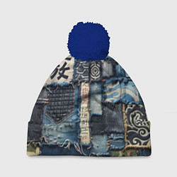 Шапка с помпоном Иероглифы на пэчворк дениме, цвет: 3D-тёмно-синий
