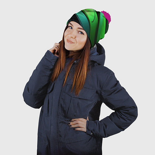 Шапка c помпоном Абстрактные геометрические плавные линии минимализ / 3D-Малиновый – фото 2