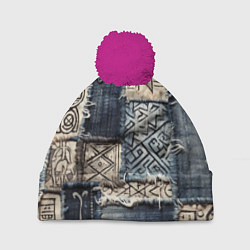 Шапка с помпоном Геометрия на пэчворк дениме, цвет: 3D-малиновый