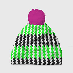 Шапка с помпоном Вертикальные чёрно-зелёные полосы, цвет: 3D-малиновый