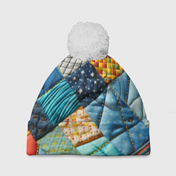 Шапка с помпоном Лоскутное одеяло - пэчворк, цвет: 3D-белый