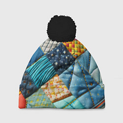 Шапка с помпоном Лоскутное одеяло - пэчворк, цвет: 3D-черный