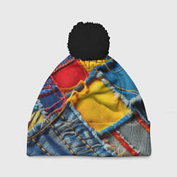 Шапка c помпоном Colorful denim patchwork - ai art
