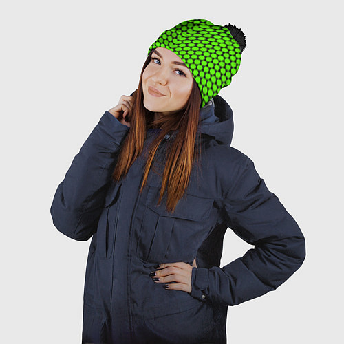 Шапка c помпоном Зелёные лепестки шестиугольники / 3D-Черный – фото 2