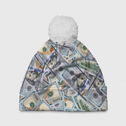 Шапка с помпоном Банкноты сто долларов, цвет: 3D-белый