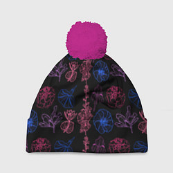 Шапка с помпоном Неоновые разноцветные цветы, цвет: 3D-малиновый