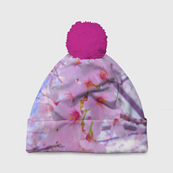 Шапка c помпоном Цветущая сакура на голубом фоне