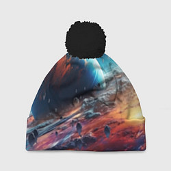 Шапка с помпоном Космос фантастическая планета, цвет: 3D-черный