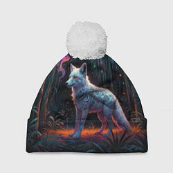 Шапка с помпоном Белая лисица на фоне волшебного леса, цвет: 3D-белый