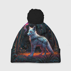 Шапка с помпоном Белая лисица на фоне волшебного леса, цвет: 3D-черный