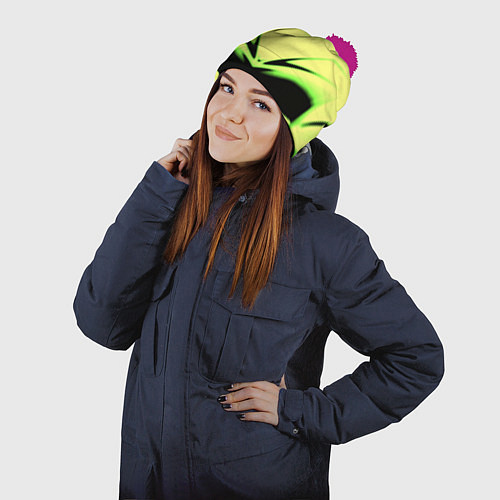 Шапка c помпоном Geometry stripes кислотный стиль / 3D-Малиновый – фото 2