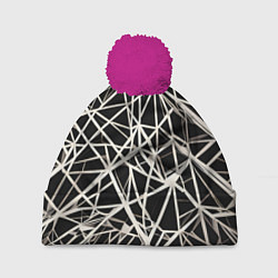 Шапка с помпоном Белые хаотичные линии на чёрном фоне, цвет: 3D-малиновый