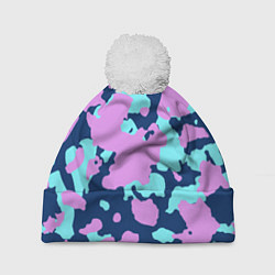 Шапка с помпоном Паттерн с сиреневыми и голубыми пятнами, цвет: 3D-белый