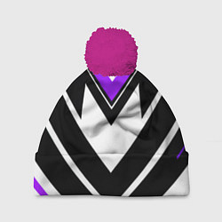 Шапка с помпоном Фиолетово-белые полосы на чёрном фоне, цвет: 3D-малиновый