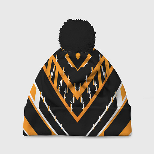 Шапка c помпоном Жёлто-белые линии на чёрном фоне / 3D-Черный – фото 1
