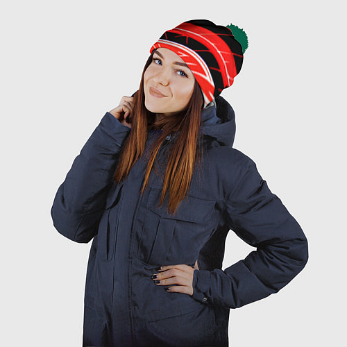 Шапка c помпоном Чёрно-белые полосы на красном фоне / 3D-Зеленый – фото 2