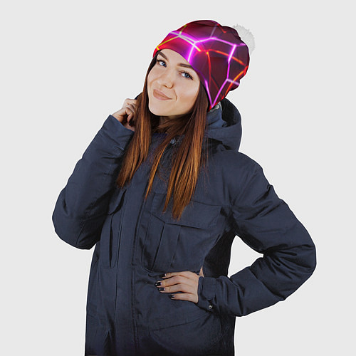 Шапка c помпоном Красные плиты с фиолетовым свечением / 3D-Белый – фото 2