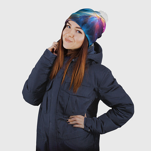 Шапка c помпоном Космический пейзаж - галактики / 3D-Белый – фото 2