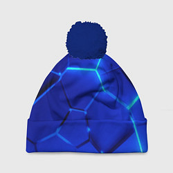 Шапка с помпоном Яркие синие неоновые плиты в разломе, цвет: 3D-тёмно-синий