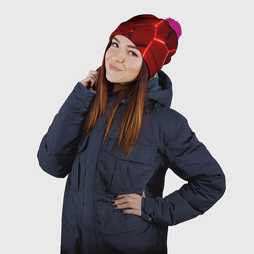 Шапка c помпоном Яркие красные неоновые плиты в разломе / 3D-Малиновый – фото 2