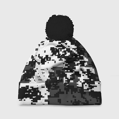 Шапка c помпоном Камуфляжные пиксели чёрно белый / 3D-Черный – фото 1