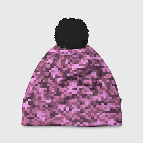 Шапка c помпоном Розовый камуфляж текстура / 3D-Черный – фото 1