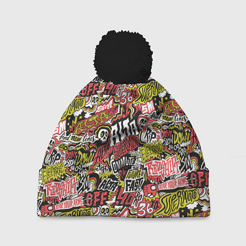 Шапка c помпоном Супер мото паттерн с надписями и черепками / 3D-Черный – фото 1