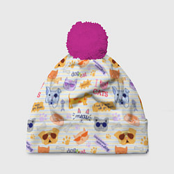 Шапка с помпоном Я люблю кошек и собак паттерн, цвет: 3D-малиновый