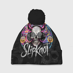 Шапка c помпоном Slipknot на фоне черепа демона с рогами в очках