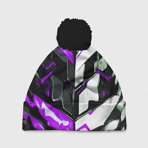 Шапка c помпоном Хаотичная фиолетово-белая абстракция на чёрном фон / 3D-Черный – фото 1
