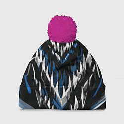 Шапка с помпоном Абстрактные бело-синие шипы, цвет: 3D-малиновый
