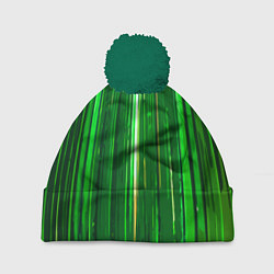 Шапка с помпоном Вертикальные зелёные линии на чёрном фоне, цвет: 3D-зеленый