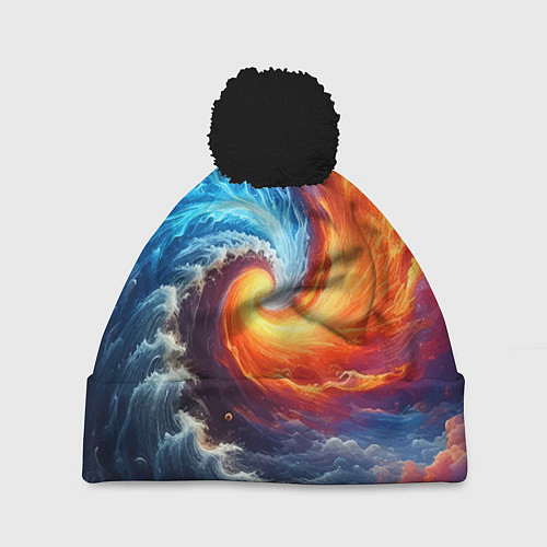Шапка c помпоном Столкновение двух стихий - инь янь / 3D-Черный – фото 1
