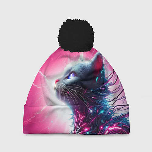 Шапка c помпоном Космический кибер котёнок - неоновое свечение / 3D-Черный – фото 1