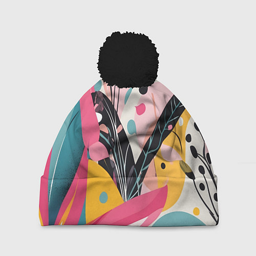 Шапка c помпоном Листья цветы абстракция / 3D-Черный – фото 1