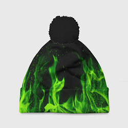 Шапка с помпоном Огонь зелёный текстура, цвет: 3D-черный