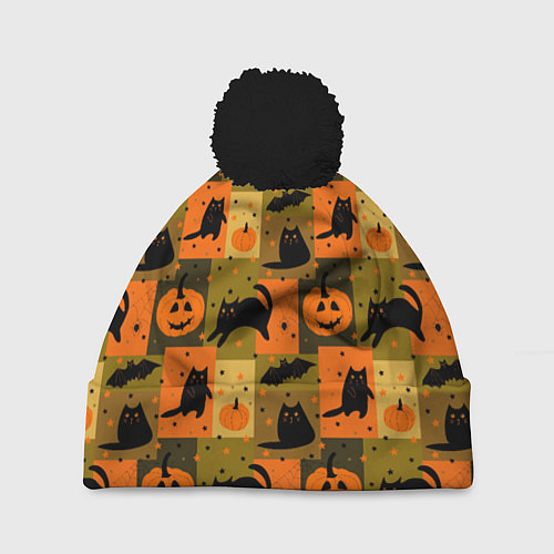 Шапка c помпоном Хэллоуин мозаика / 3D-Черный – фото 1