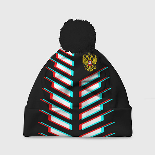 Шапка c помпоном Герб РФ глитч геометрия / 3D-Черный – фото 1