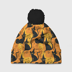 Шапка с помпоном Кошки в шляпах - паттерн, цвет: 3D-черный