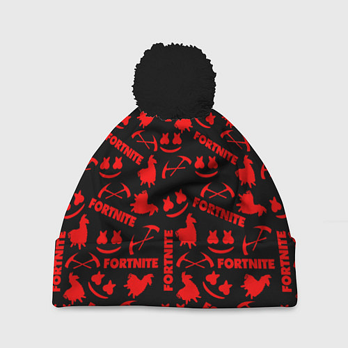 Шапка c помпоном Fortnite pattern game red / 3D-Черный – фото 1