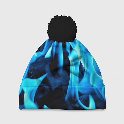 Шапка c помпоном Синий огонь текстура / 3D-Черный – фото 1