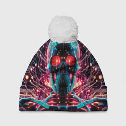 Шапка c помпоном Neon cyber skull - ai art fantasy