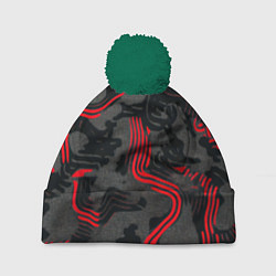 Шапка c помпоном Камуфляж черный в красную полоску