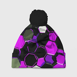 Шапка c помпоном Розово-белые шестиугольники на чёрном фоне
