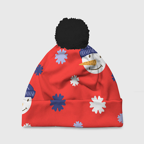 Шапка c помпоном Новогодний узор со снеговиком и снежинками / 3D-Черный – фото 1