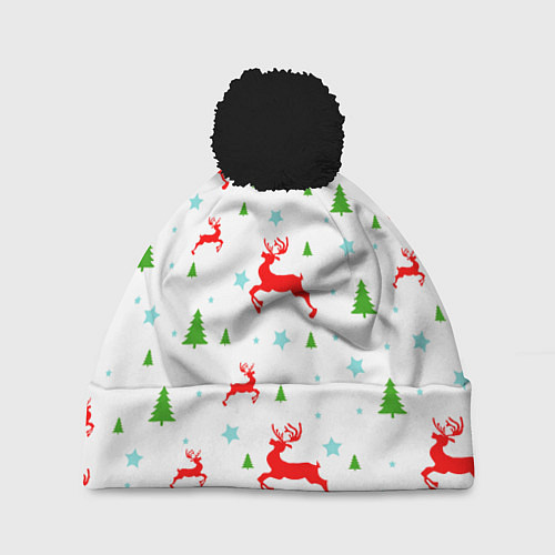 Шапка c помпоном Новогодние олени с ёлками / 3D-Черный – фото 1