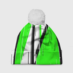 Шапка c помпоном Black and white vertical stripes on a green backgr