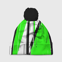 Шапка с помпоном Black and white vertical stripes on a green backgr, цвет: 3D-черный