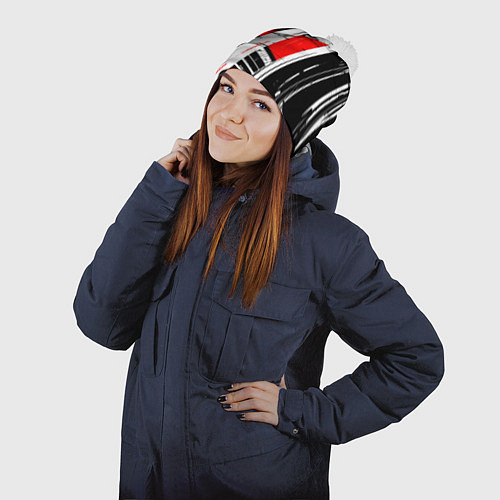 Шапка c помпоном Чёрно-белые абстрактные линии на красном фоне / 3D-Белый – фото 2