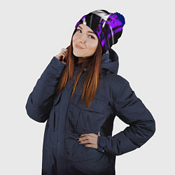 Шапка с помпоном Diagonal black and white stripes on a purple backg, цвет: 3D-тёмно-синий — фото 2